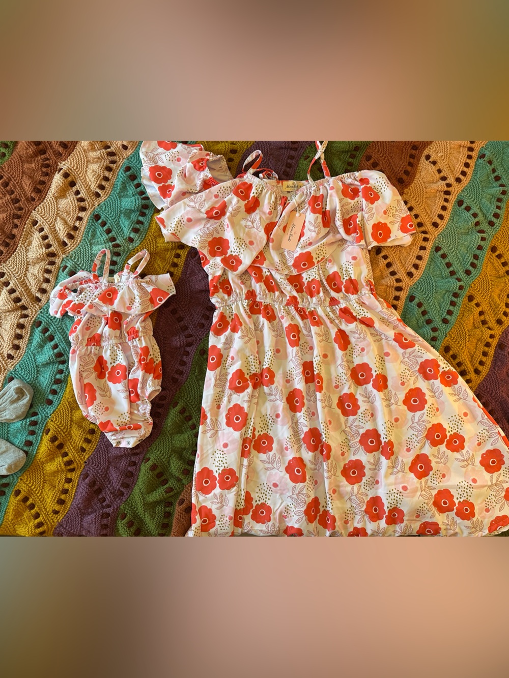 Mommy& Me-Orange Floral Off-Shoulder Midi Dress with Matching Baby Romper